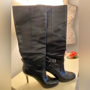 Coach Black Leather Knee Boots with Silver Logo Accents -7.5